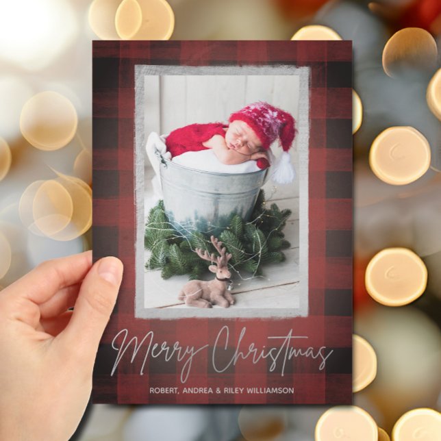 Buffalo Check Christmas Photo Holiday Card (Silver Merry Christmas on buffalo check holiday photo  cards)