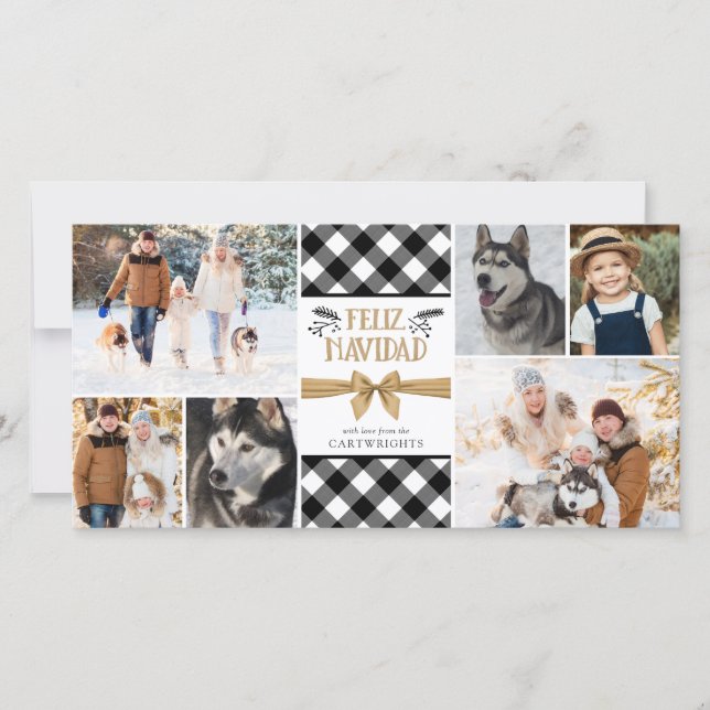 Buffalo Check FELIZ NAVIDAD Black White Collage Holiday Card (Front)