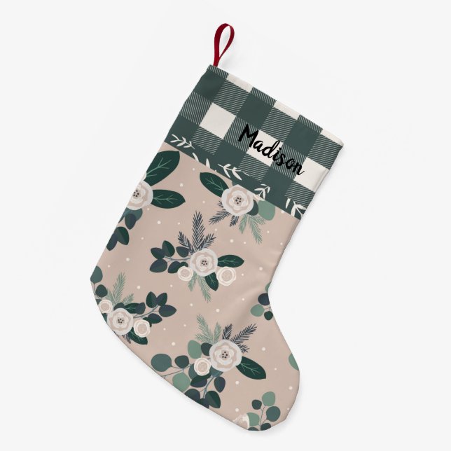 Buffalo Check Gingham Name Hunter Green Floral Small Christmas Stocking (Front (Hanging))