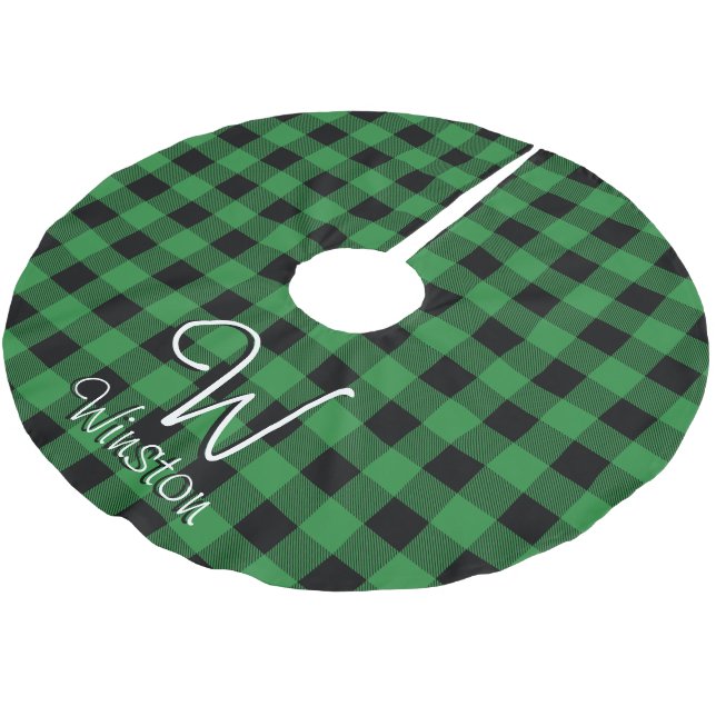 Buffalo Check Green Plaid Monogram Brushed Polyest Polyester Tree Skirt (Angled)
