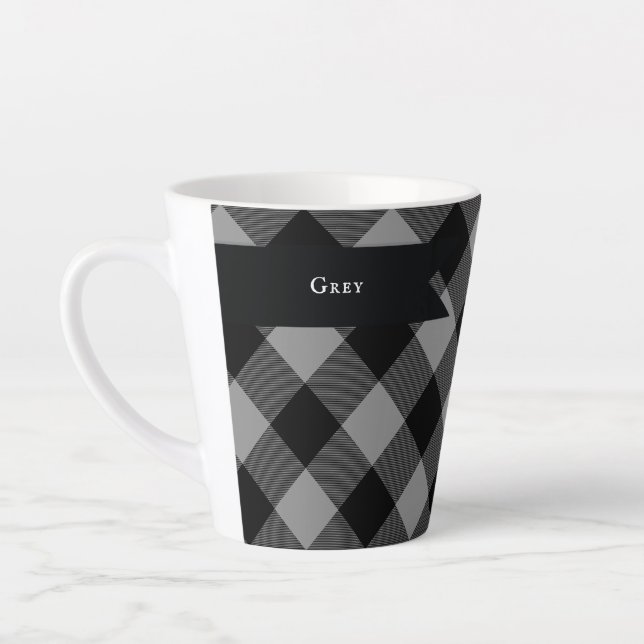 Buffalo Check Grey and Black Squares Plaid Latte Mug (Left)