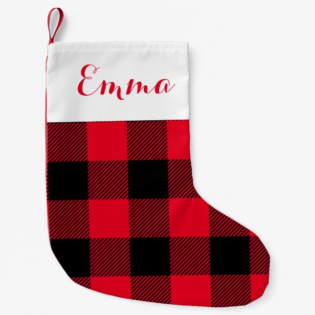 Buffalo Check Holiday Red Insert Name Small Christmas Stocking (Front)