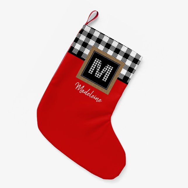 Buffalo Check Monogram and Name Red Black White Small Christmas Stocking (Front (Hanging))