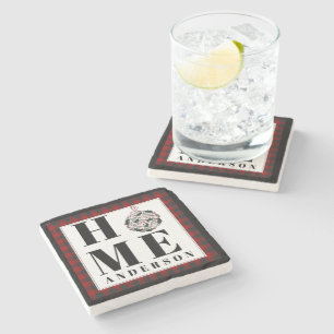 Buffalo check ornament "Home" personalised Stone Coaster