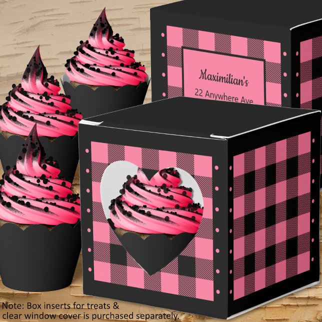 Buffalo Check - Pink and Black - Heart Favour Box (Buffalo Check - Pink and Black - Heart Favor Box - Cupcakes - by Leapfroglisics Shop)