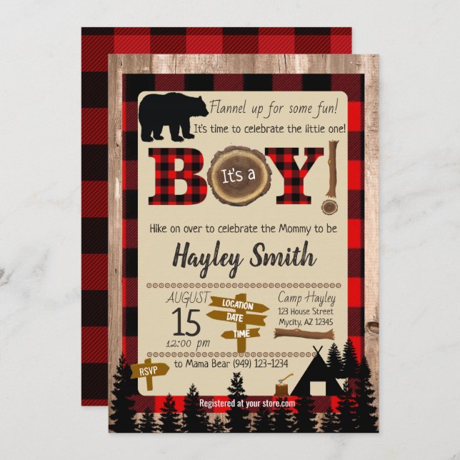 Buffalo Check Plaid Bear Lumberjack Baby Shower Invitation (Front/Back)