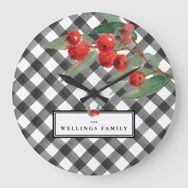 Buffalo Check Plaid Black White Family Name Custom Large Clock (Front)