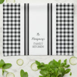Buffalo Check Plaid Black | White Family Name Tea Towel<br><div class="desc">Rustic farmhouse style simple stripes and buffalo check black and white kitchen design.  Great for gifting for housewarmings and bridal favours.  Original design by Holiday Hearts Designs (rights reserved).</div>