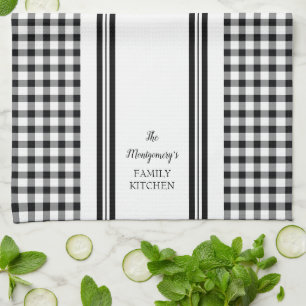 Buffalo Check Plaid Black   White Family Name Tea Towel