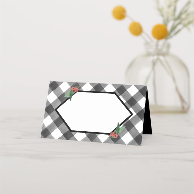 Buffalo Check Plaid Black & White Folded Wedding Place Card (Front)
