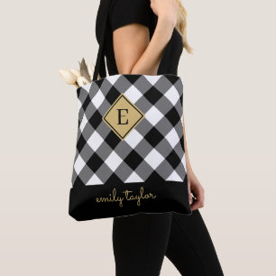 Buffalo Check Plaid Monogram Name Black and White Tote Bag