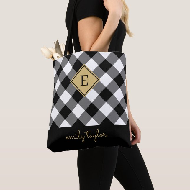 Buffalo Check Plaid Monogram Name Black and White Tote Bag (Close Up)