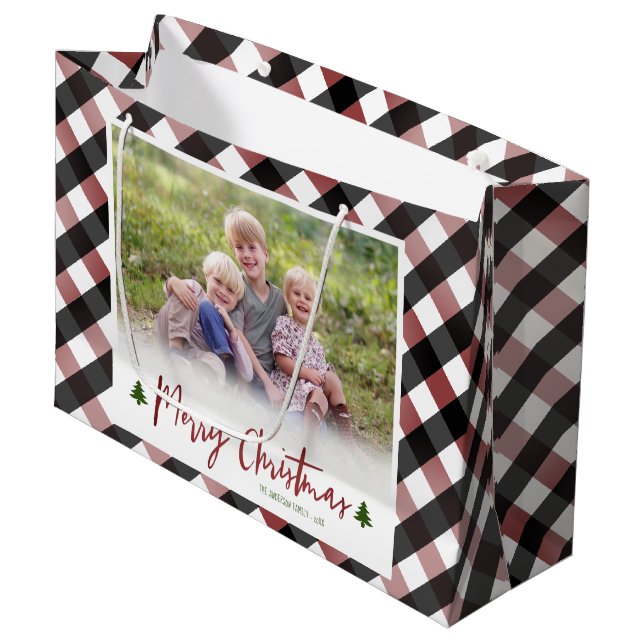 Buffalo Check Plaid Photo Christmas Large Gift Bag (Front Angled)