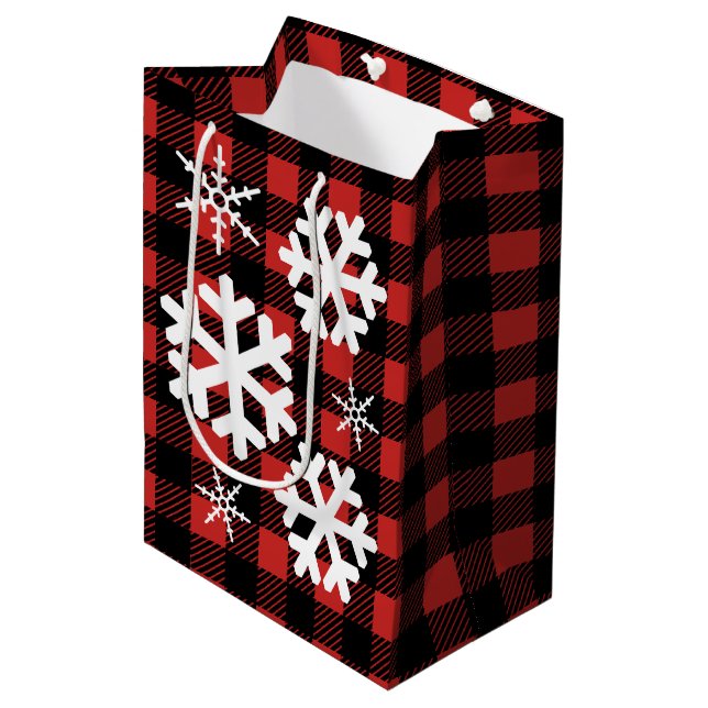 Buffalo Check Plaid & White Snowflakes Medium Gift Bag (Front Angled)
