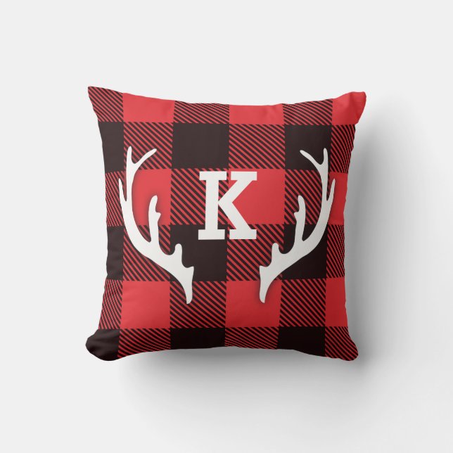 Buffalo Check Plaid with Antler Monogram Cushion (Front)