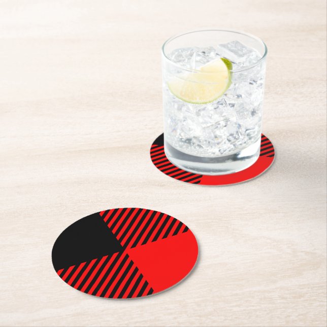 Buffalo Check Red and Black Lumberjack Plaid Decor Round Paper Coaster (Insitu)