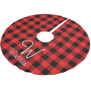 Buffalo Check Red Plaid Monogram Brushed Polyester Tree Skirt
