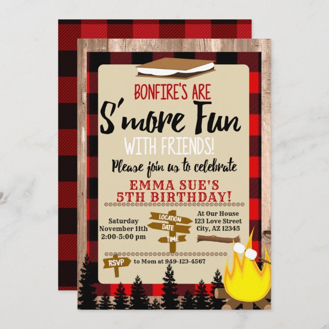 Buffalo Check Red S'more fun with friends Birthday Invitation (Front/Back)