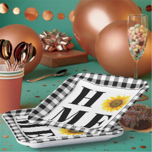 Buffalo check sunflower "Home" Paper Plate