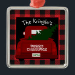 Buffalo Check Vintage Truck Personalised Metal Tree Decoration<br><div class="desc">Deck your halls with buffalo checks! This personalised Christmas Ornament features a red vintage truck fresh from the Christmas Tree Farm! Ornament has a trendy black and red buffalo check border. The pick up truck has the words Merry Christmas on the tailgate and the final touch is your name to...</div>