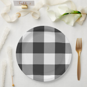 Buffalo Check White and Black Squares Plaid Paper Plate