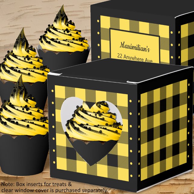 Buffalo Check - Yellow and Black - Heart Favour Bo Box (Buffalo Check - Yellow and Black - Heart Favor Box - Cupcakes - by Leapfroglisics Shop)
