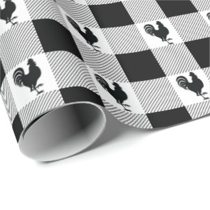 Buffalo Checks and Rooster Pattern - Black   White Wrapping Paper