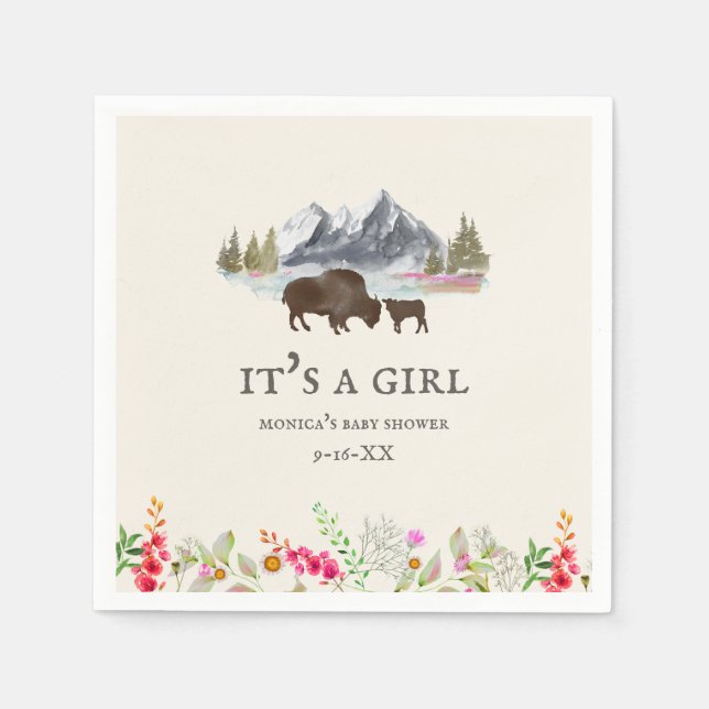 Buffalo Floral Mountains Girl Baby Shower Napkin (Front)
