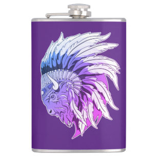 Buffalo Head With indian Headdress Hip Flask