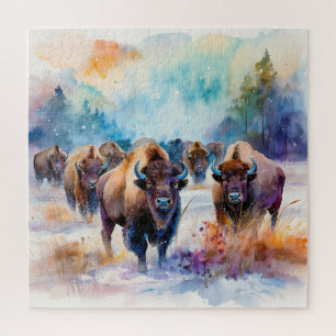 Buffalo Herd in the Snow in Watercolor Jigsaw Puzzle