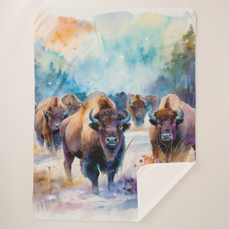 Buffalo Herd in the Snow in Watercolor Sherpa Blanket