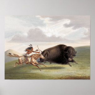 Buffalo Hunt, Chase (1884) chromolithograph art by Poster