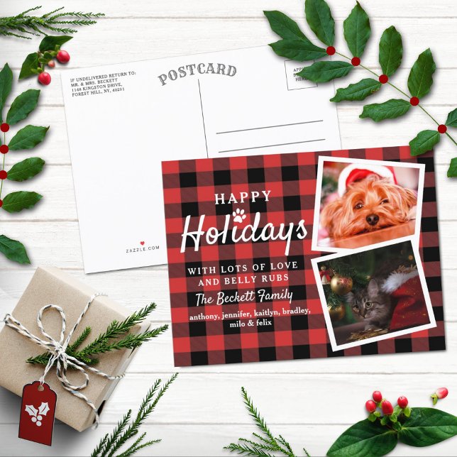 Buffalo Plaid 2 Photo Collage Pet Holiday Announcement Postcard (Creator Uploaded)
