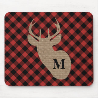 Buffalo Plaid and Burlap Monogram Deer Mouse Pad