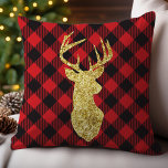 Buffalo Plaid and Gold Deer Christmas Cushion<br><div class="desc">Add a touch of rustic charm to your holiday decor with this festive throw pillow. Featuring a glittering gold deer silhouette set against a classic red and black buffalo plaid background, this pillow combines traditional and contemporary styles for a unique holiday accent. Perfect for bringing warmth and elegance to your...</div>