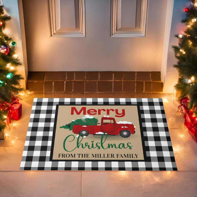Buffalo Plaid and Red Truck Custom Christmas Doormat (Buffalo Plaid and Red Truck Personalized Christmas Doormat)
