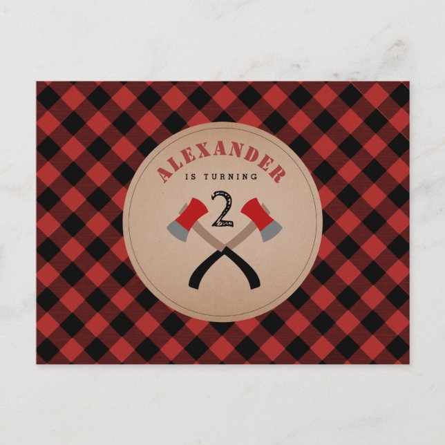 Buffalo Plaid Axe Woodland Lumberjack Birthday Invitation Postcard (Front)