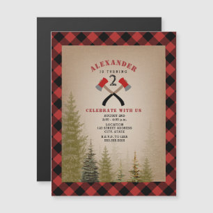 Buffalo Plaid Axe Woodland Lumberjack Birthday Magnetic Invitation