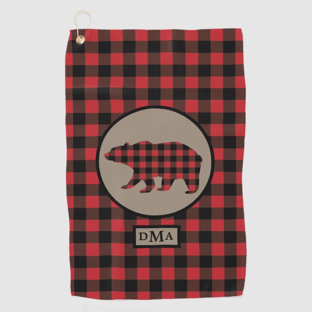 Buffalo Plaid Bear Monogram Golf Towel (Front)