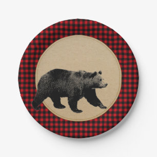 Buffalo Plaid Bear Rustic Cabin Paper Plate