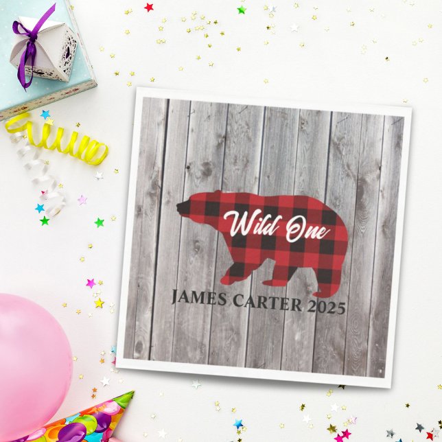Buffalo Plaid Bear Wild One Boy 1st Birthday Party Napkin (Buffalo Plaid Bear Wild One Boy 1st Birthday Party Napkins)