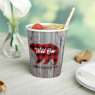 Buffalo Plaid Bear Wild One Boy 1st Birthday Party Paper Cups