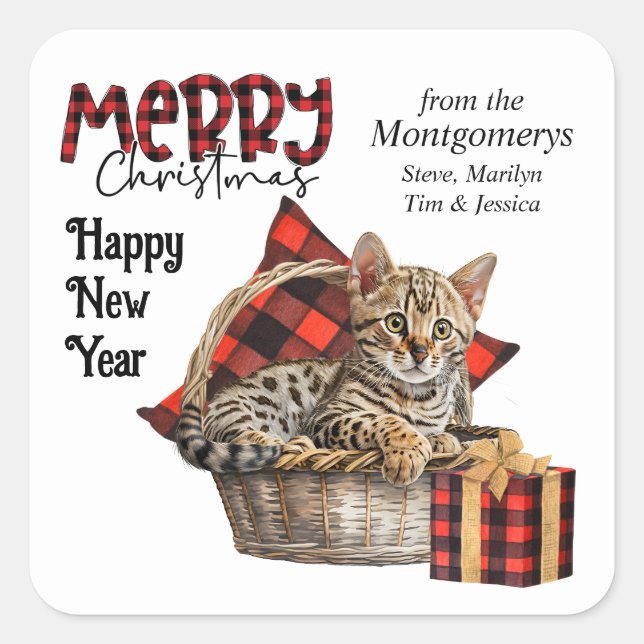 Buffalo Plaid Bengal Kitten Christmas Square Sticker (Front)