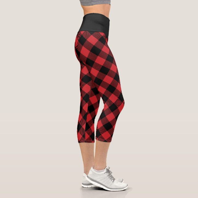 Buffalo Plaid Black And Red Chequered Pattern Capri Leggings (Right)