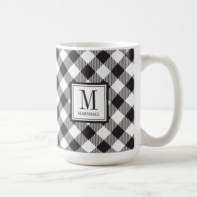 Buffalo Plaid Black and White Monogram Name Coffee Mug (Right)