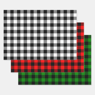 Buffalo Plaid Black and White, Red and Green Wrapping Paper Sheet