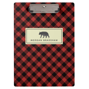 Buffalo Plaid Black Bear Personalised Clipboard