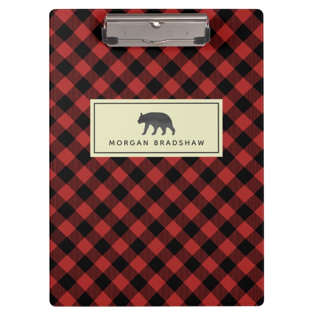 Buffalo Plaid Black Bear Personalised Clipboard (Front)