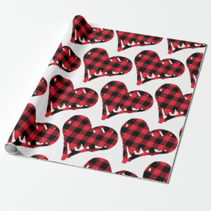 Buffalo Plaid Black Red Hand Drawn Hearts Wrapping Paper