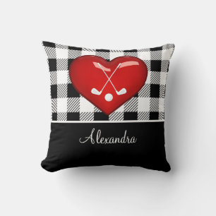  Buffalo Plaid Black White golf clubs red heart   Cushion